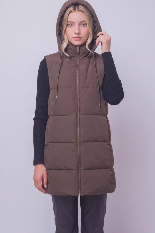 Long Hooded Puffer Vest in Mocha