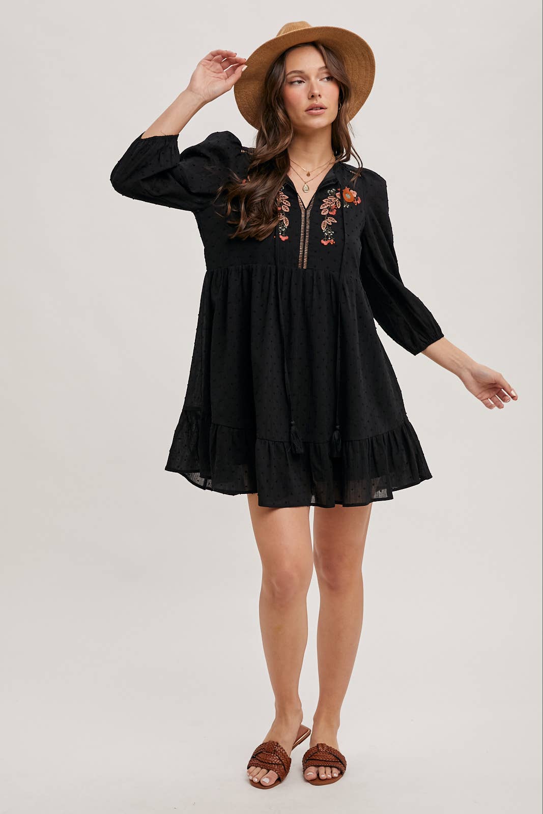 LAINEY EMBROIDERED RUFFLED BABY DOLL DRESS