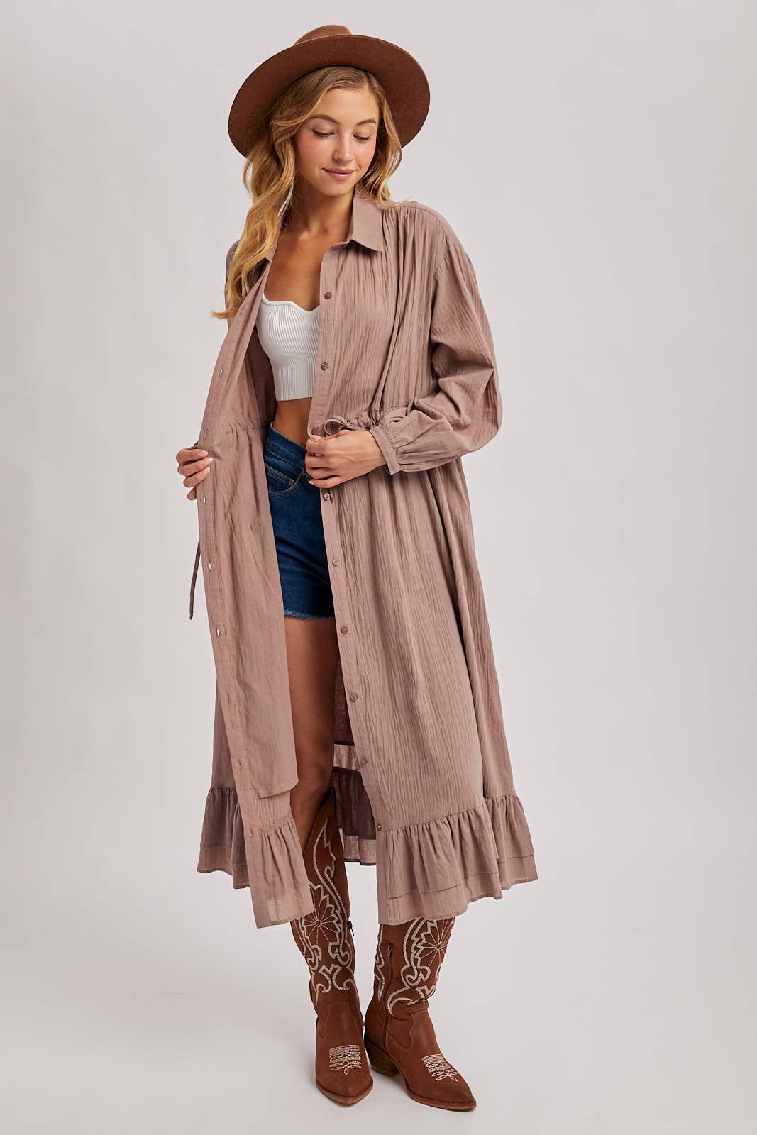 RUFFLED MIDI OPEN DUSTER OR SHIRT DRESS