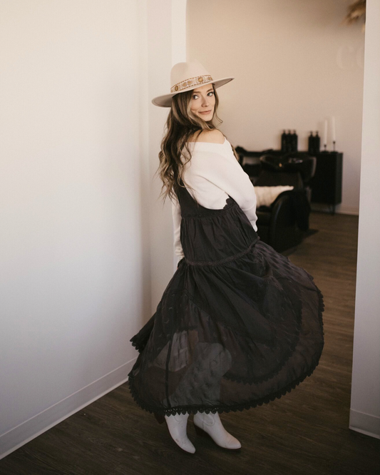 LACE EMBROIDERED TULLE BIB MAXI DRESS