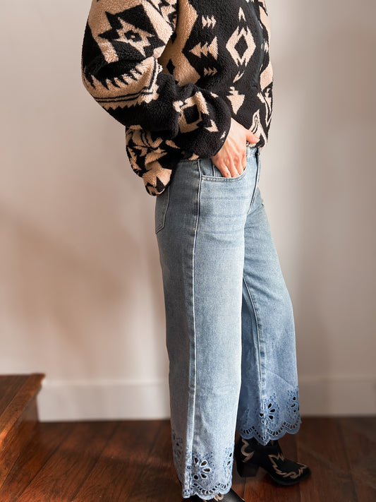 Embroidered Cropped Wide Leg High Waist Jeans