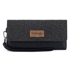Wrangler Western Floral Tooled Tri-fold RFID Wallet/Wristlet - Black