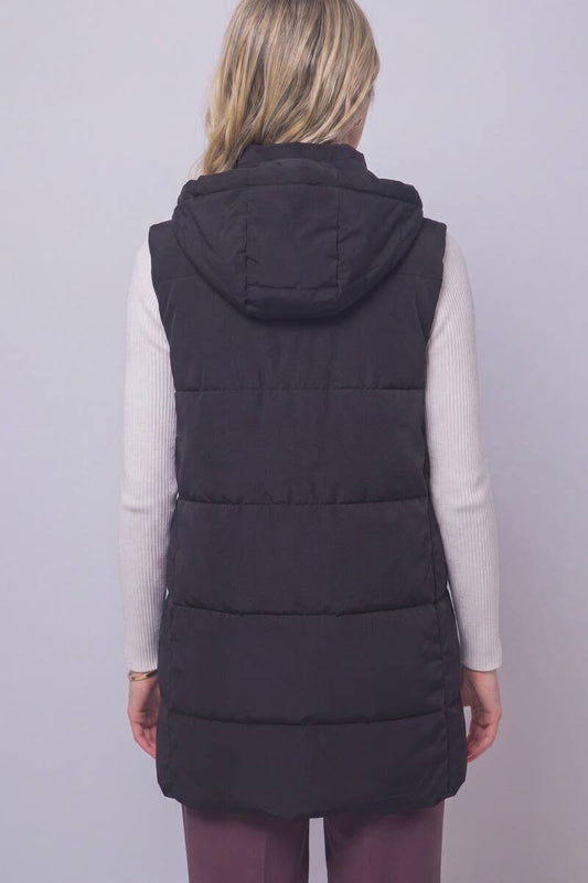 Long Hooded Puffer Vest in Black