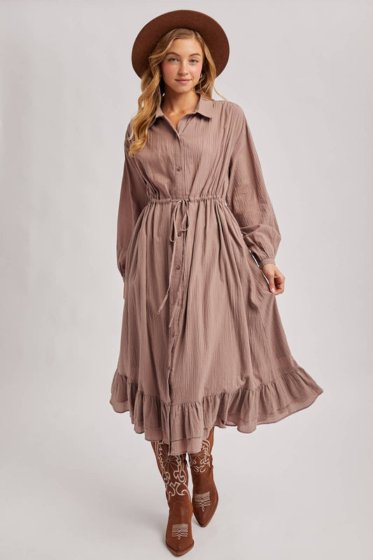 RUFFLED MIDI OPEN DUSTER OR SHIRT DRESS