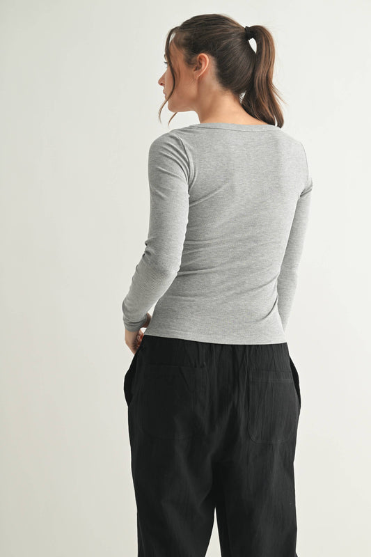 Grey Slim Fit Scoop Neck Long Sleeve Top