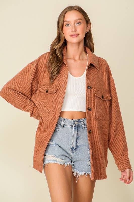 Brushed Waffle Knit Shacket in Rust
