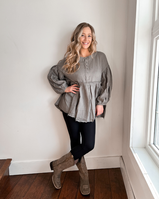 Woven Cotton Gauze Round Neck Long Sleeve Tunic