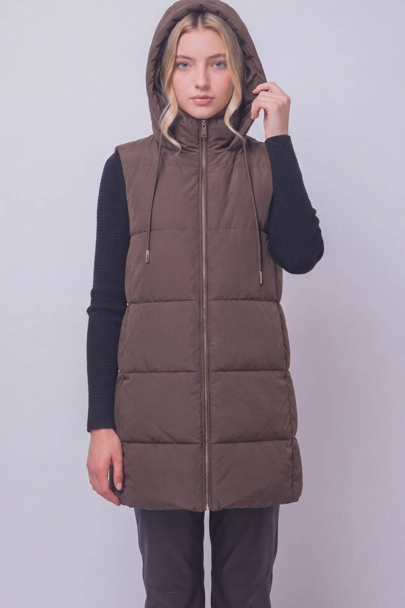 Long Hooded Puffer Vest in Mocha