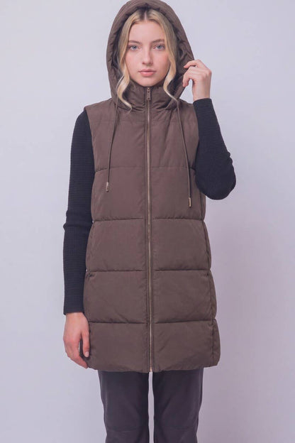 Long Hooded Puffer Vest in Mocha
