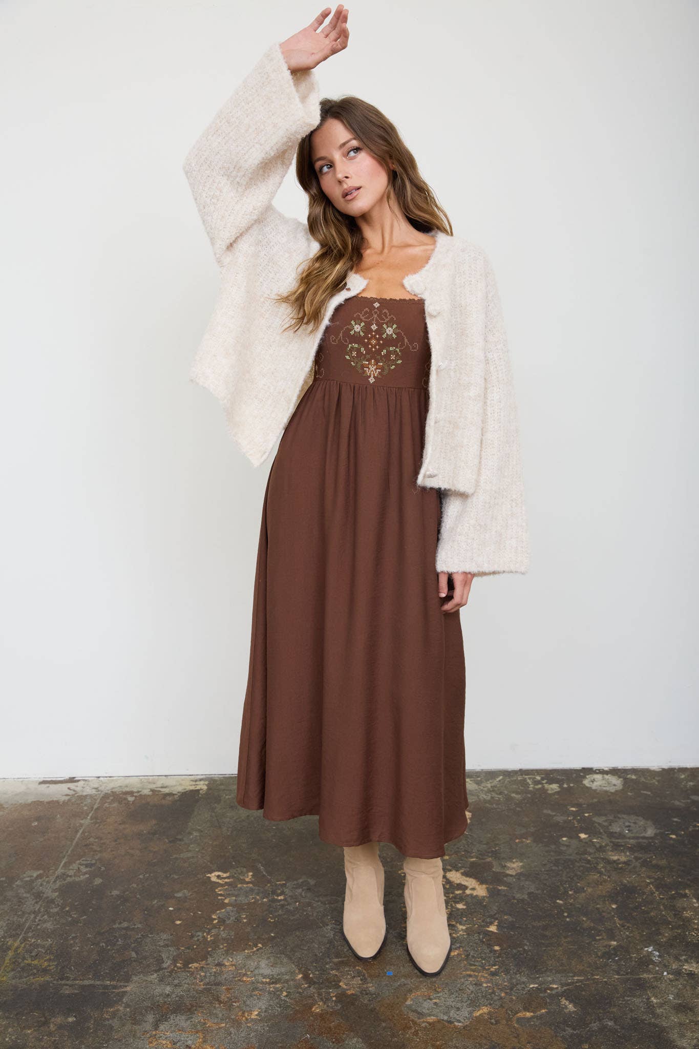 Presley Bell Sleeve Midi Dress with Embroidery Detail
