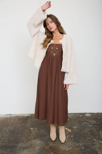 Presley Bell Sleeve Midi Dress with Embroidery Detail