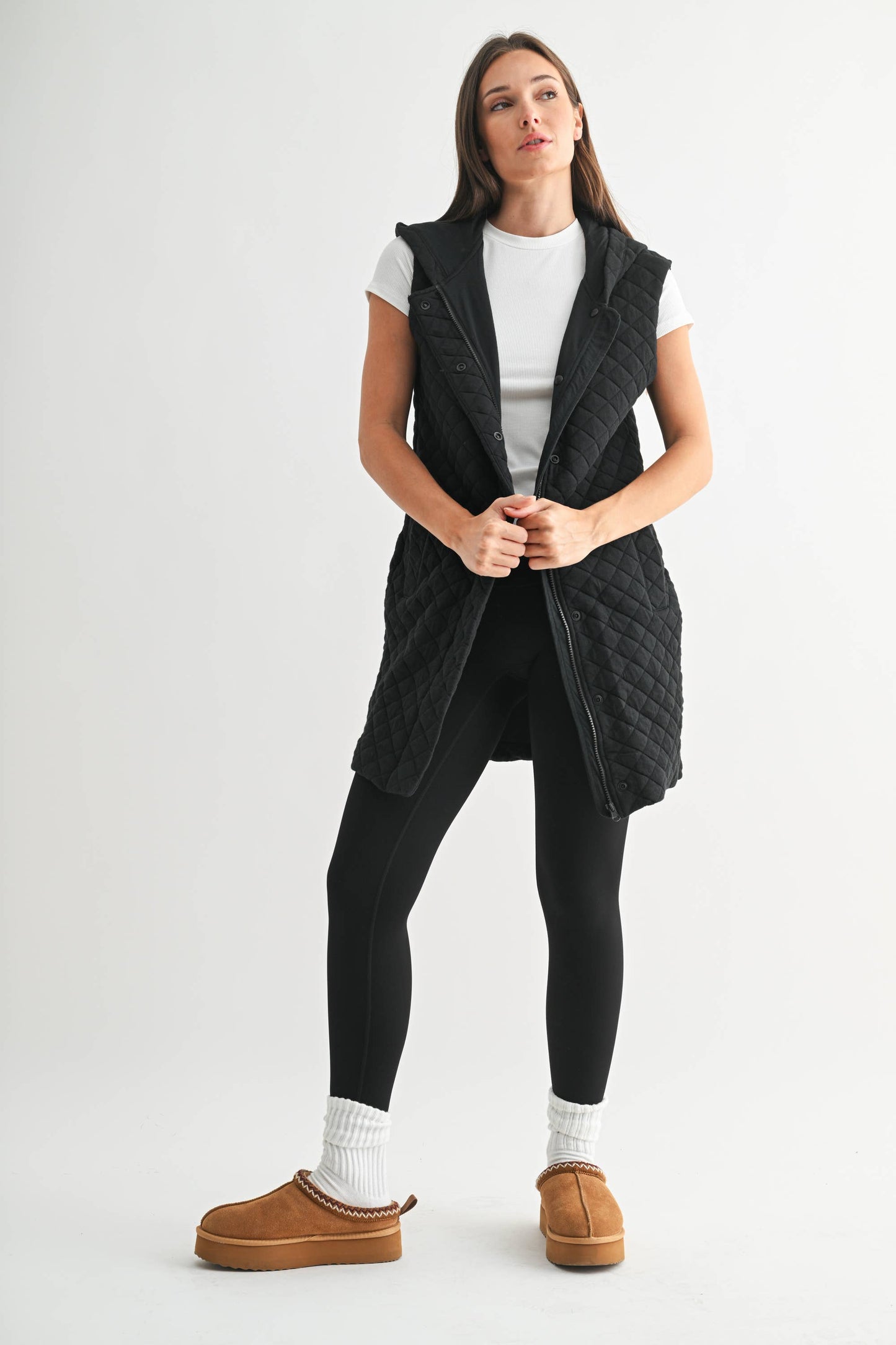 Black Longline Quilted Cotton Blend Vest