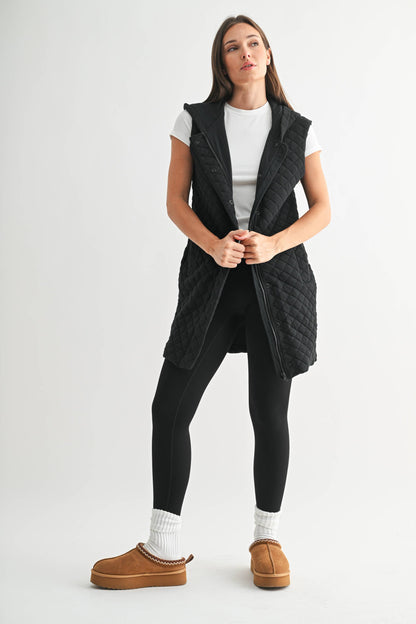 Black Longline Quilted Cotton Blend Vest