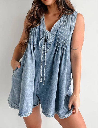 V-Neck Sleeveless Denim Romper