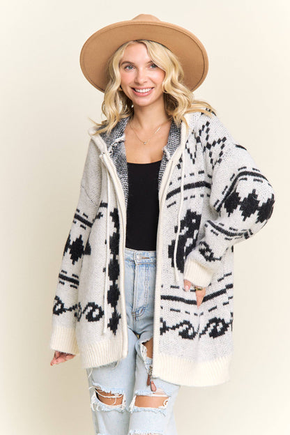 Aztec Hooded Knit Zip Up Cardigan