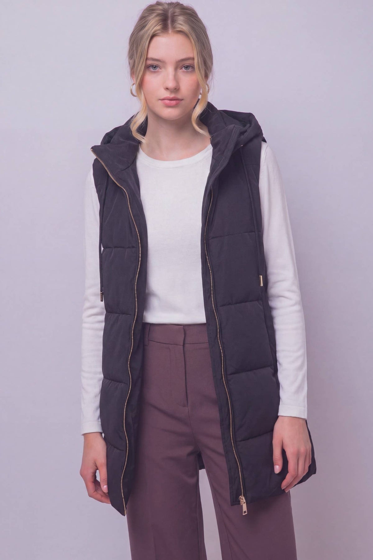 Long Hooded Puffer Vest in Black