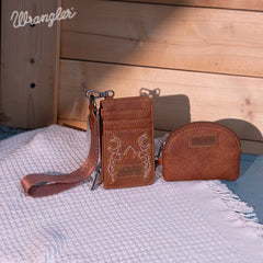 Wrangler Embroidered Dual Pouch Wristlet in Brown