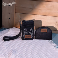 Wrangler Embroidered Dual Pouch Wristlet in Black