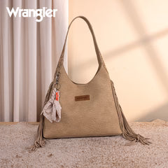 Wrangler Fringe Floral Tooled Hobo Bag-Tan
