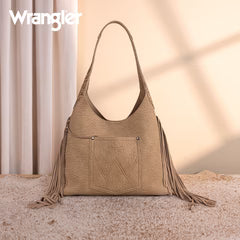 Wrangler Fringe Floral Tooled Hobo Bag-Tan