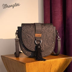 Wrangler Western Tooled Saddle Bag Crossbody in Coffee