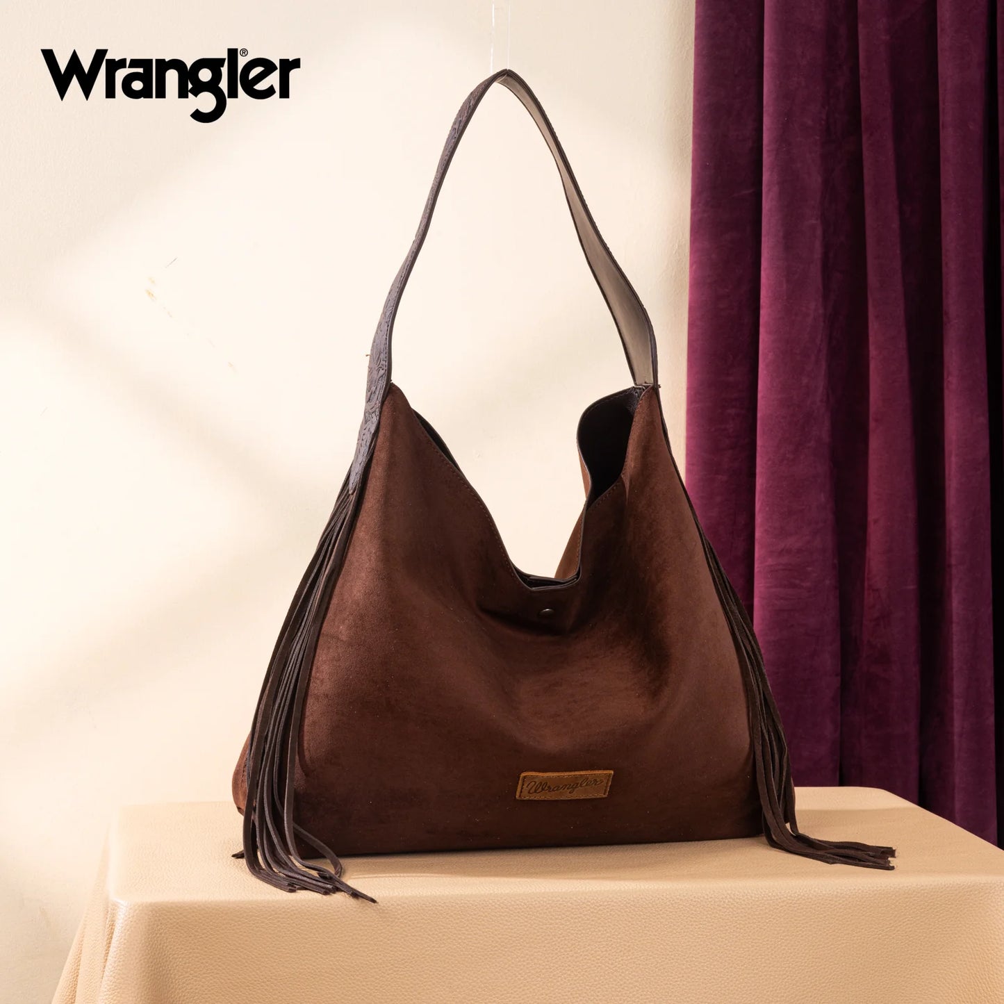 Wrangler Fringe Floral Tooled Hobo Bag in Coffee