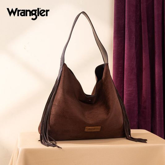 Wrangler Fringe Floral Tooled Hobo Bag in Coffee