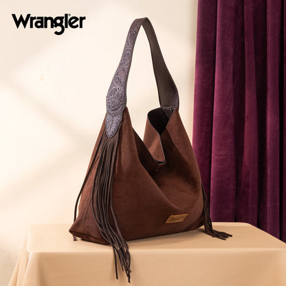 Wrangler Fringe Floral Tooled Hobo Bag in Coffee