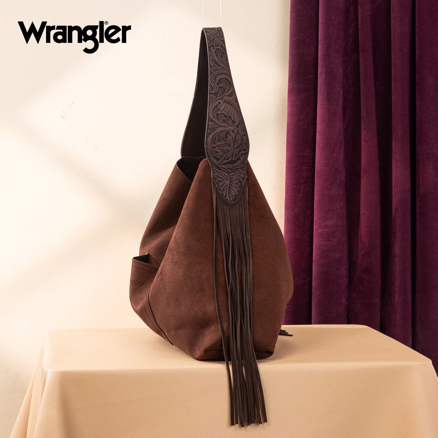 Wrangler Fringe Floral Tooled Hobo Bag in Coffee