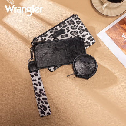 Wrangler Leopard Print Dual Pouch Wristlet with Zipper Round Case in Black