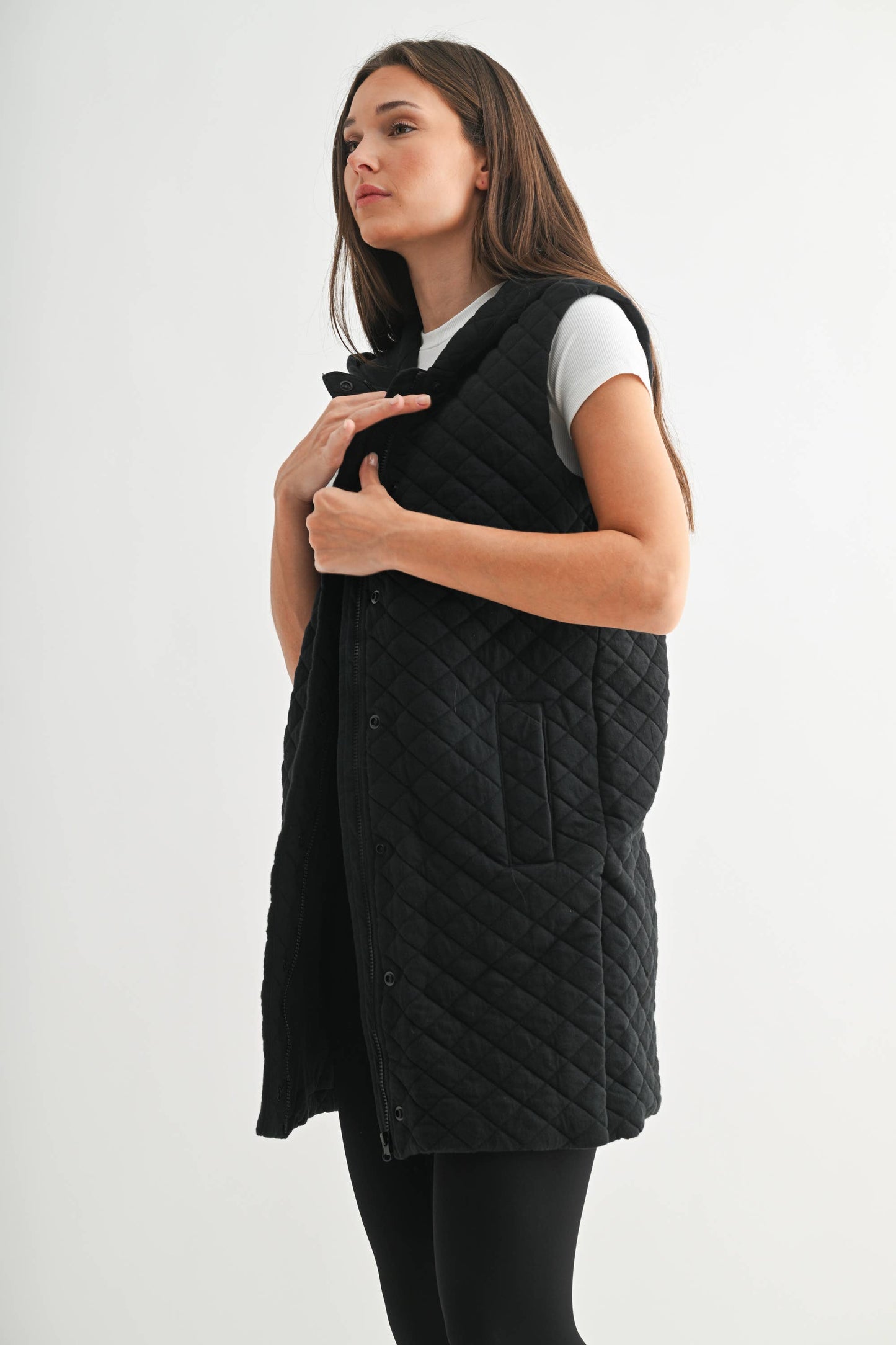 Black Longline Quilted Cotton Blend Vest