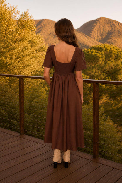 Presley Bell Sleeve Midi Dress with Embroidery Detail