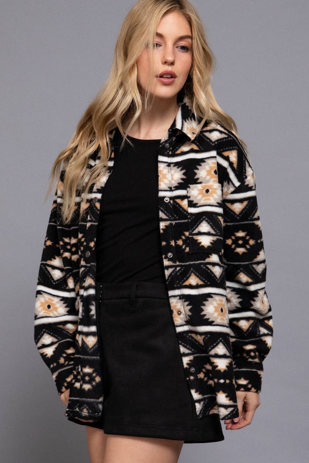 Aztec Long Sleeve Printed Fleece Shacket
