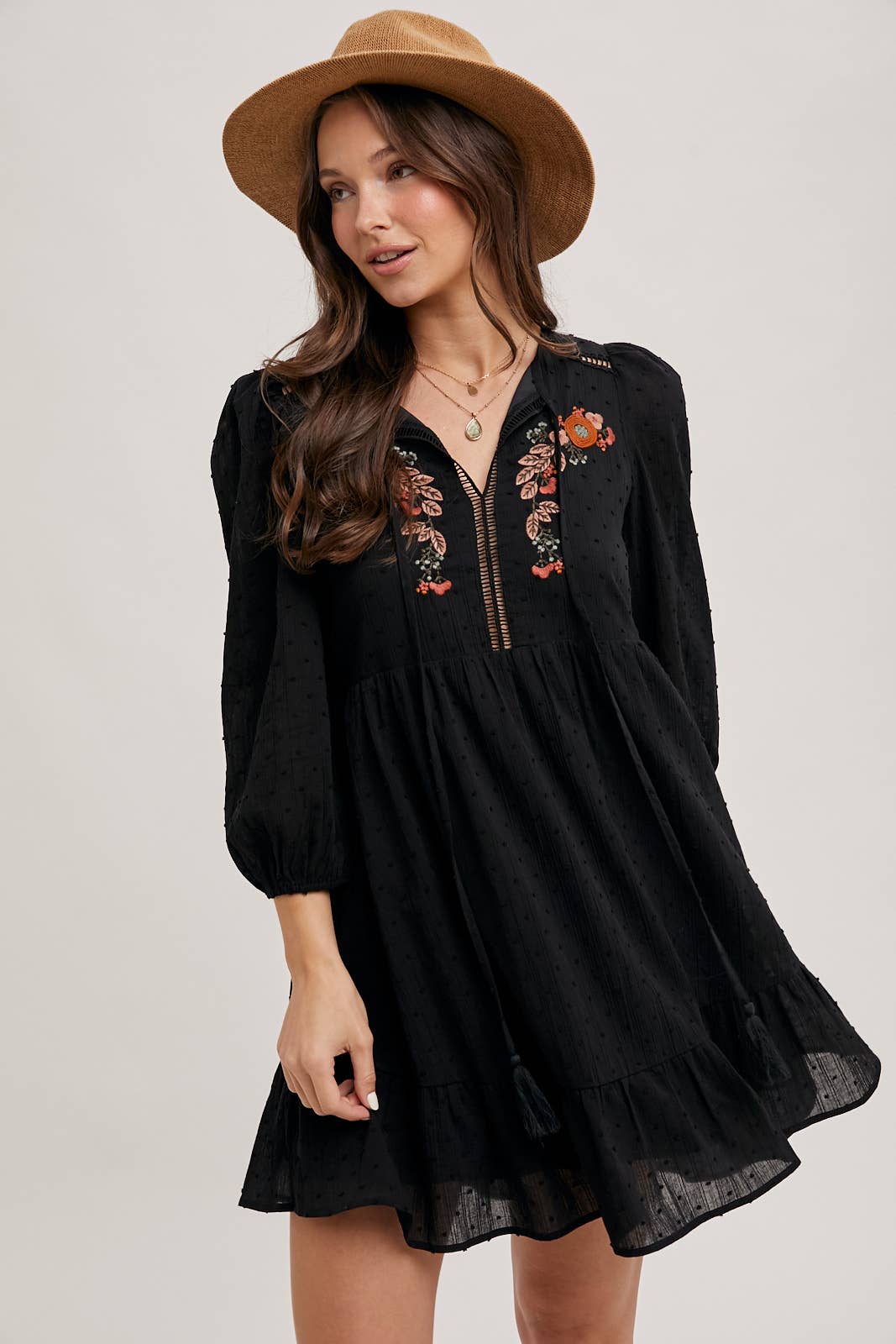 LAINEY EMBROIDERED RUFFLED BABY DOLL DRESS