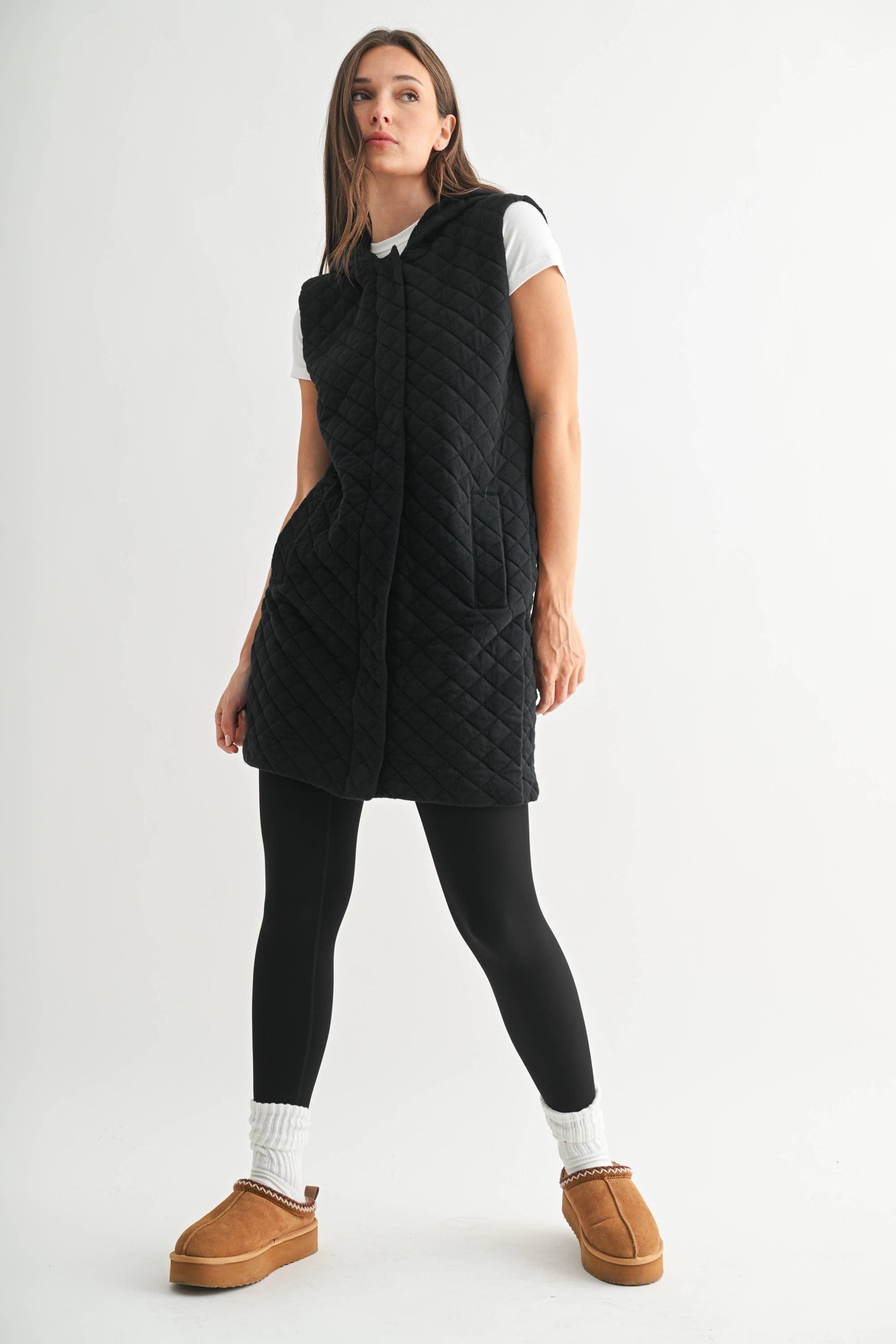 Black Longline Quilted Cotton Blend Vest
