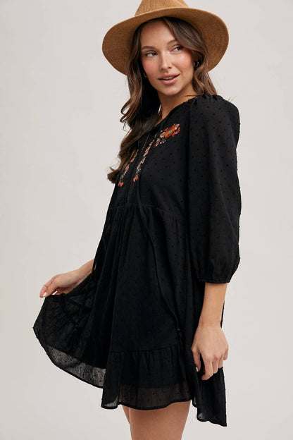LAINEY EMBROIDERED RUFFLED BABY DOLL DRESS