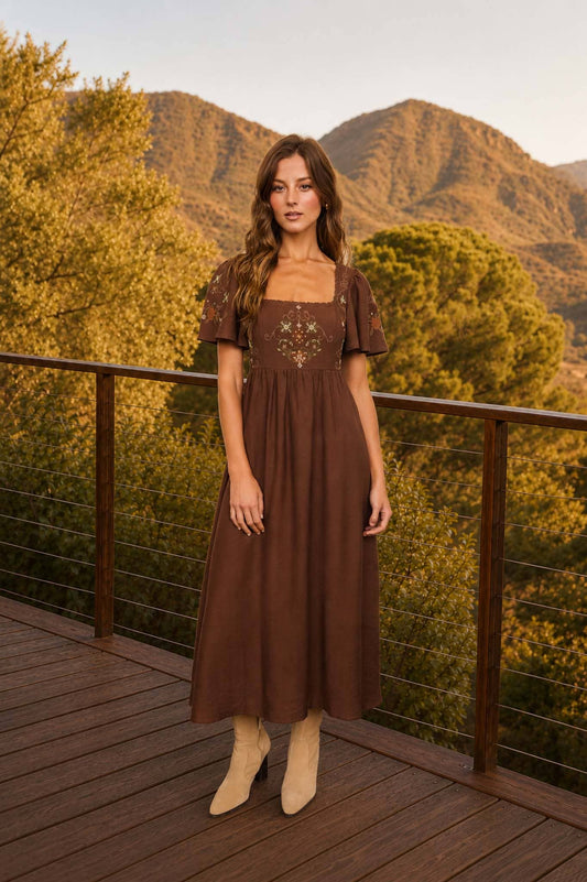 Presley Bell Sleeve Midi Dress with Embroidery Detail