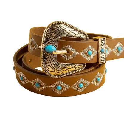 Western Embroidered Buckle Pattern Faux Leather Belt in Brown