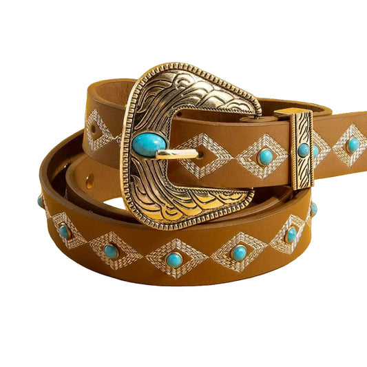 Western Embroidered Buckle Pattern Faux Leather Belt in Brown