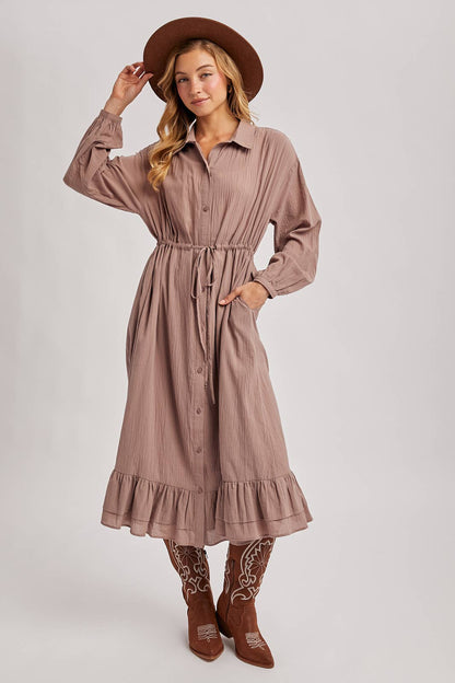 RUFFLED MIDI OPEN DUSTER OR SHIRT DRESS