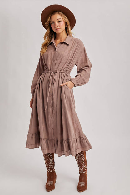 RUFFLED MIDI OPEN DUSTER OR SHIRT DRESS