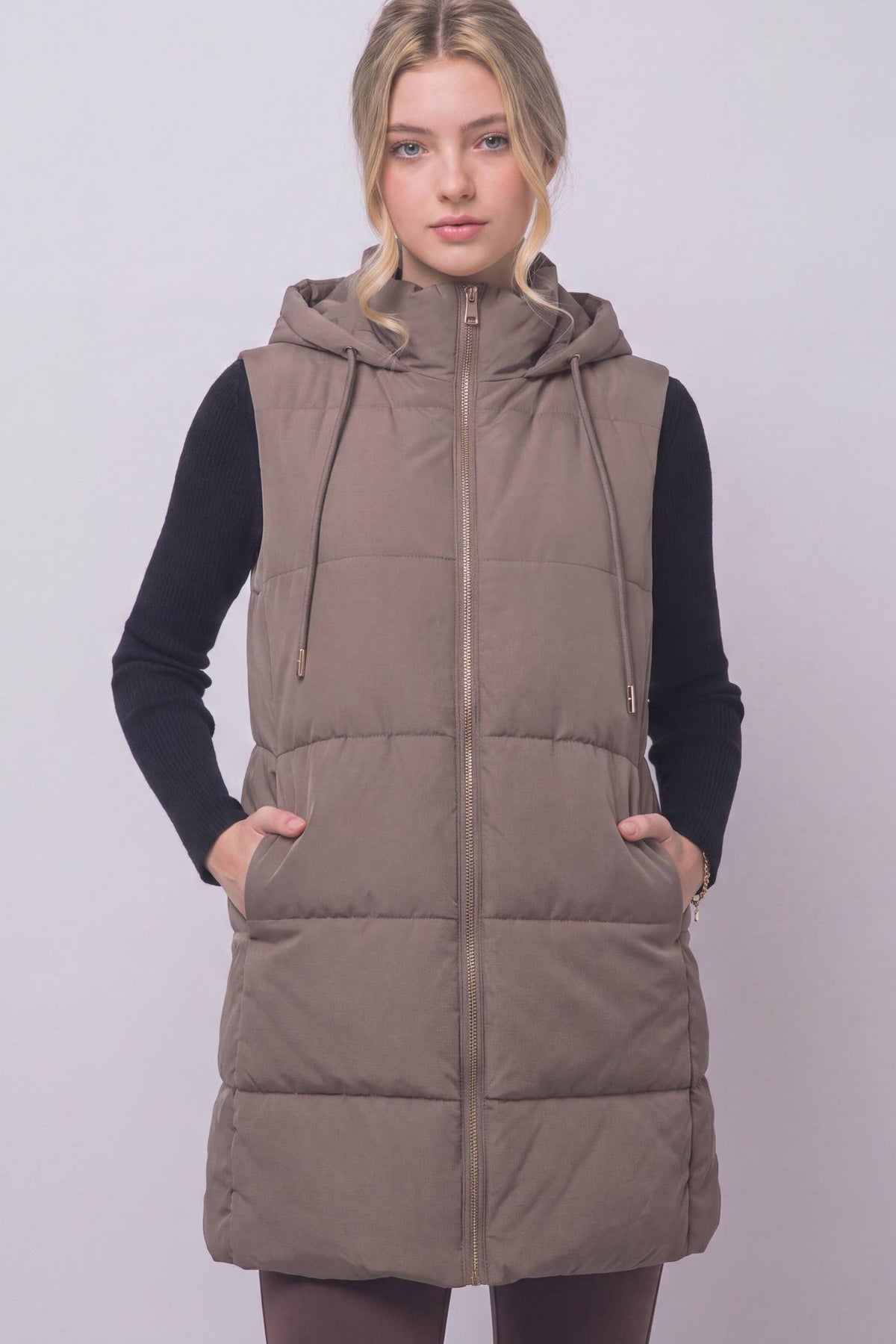 Long Hooded Puffer Vest in Mocha