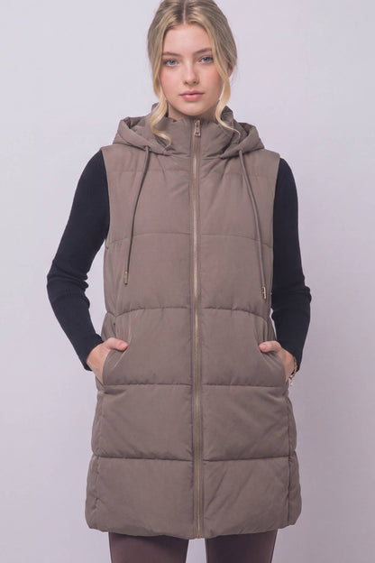 Long Hooded Puffer Vest in Mocha