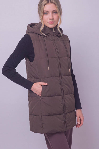Long Hooded Puffer Vest in Mocha