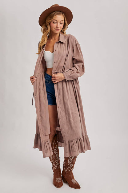 RUFFLED MIDI OPEN DUSTER OR SHIRT DRESS