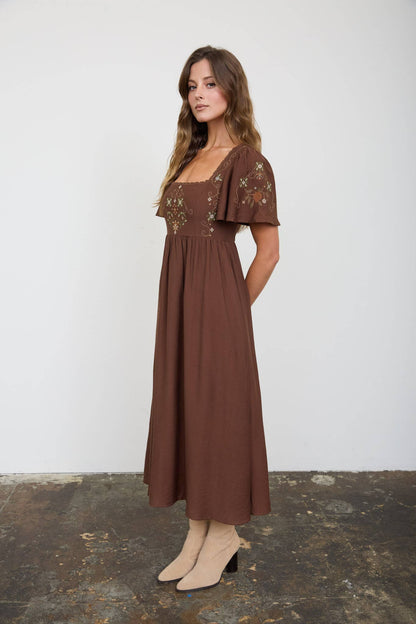 Presley Bell Sleeve Midi Dress with Embroidery Detail