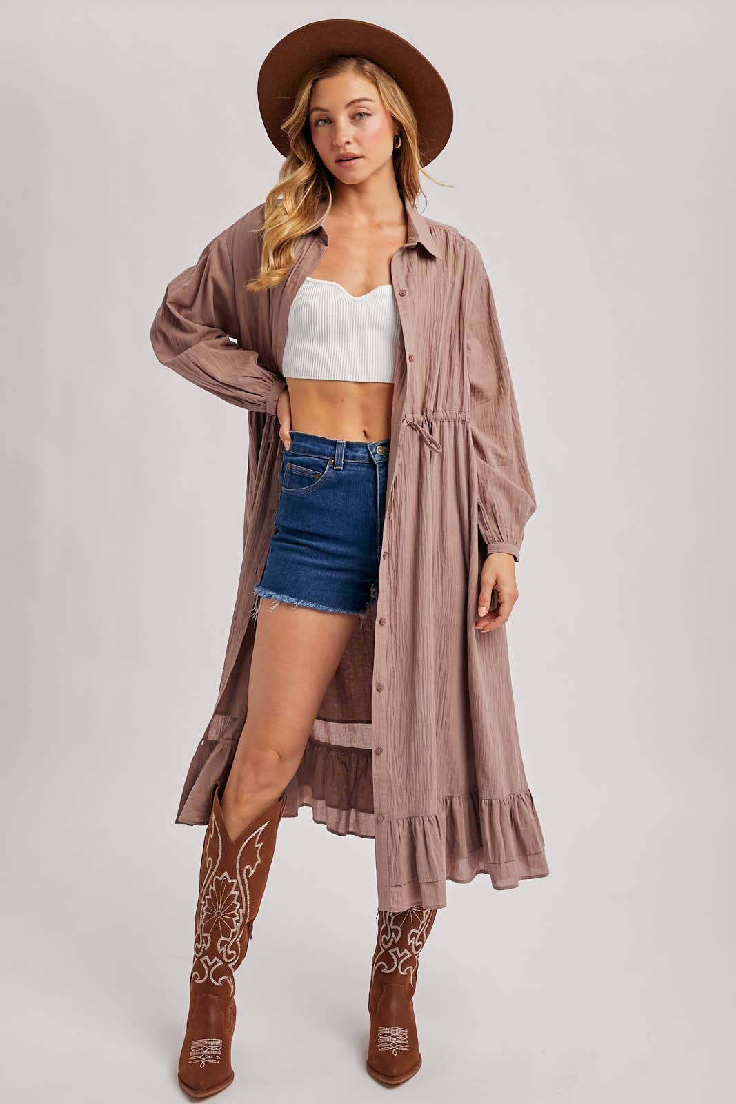 RUFFLED MIDI OPEN DUSTER OR SHIRT DRESS