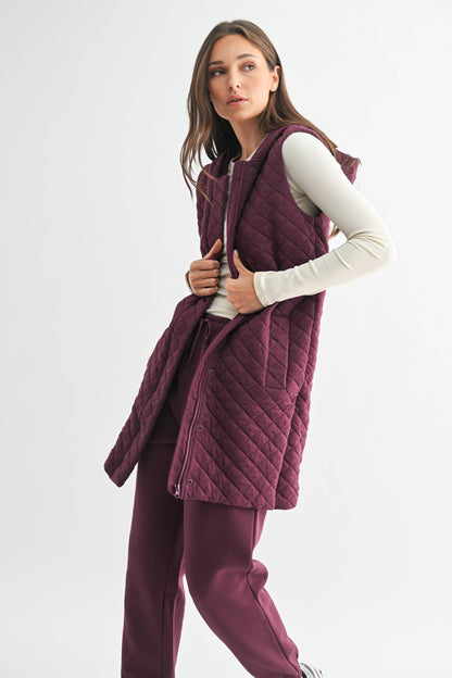 Plum Longline Quilted Cotton Blend Vest