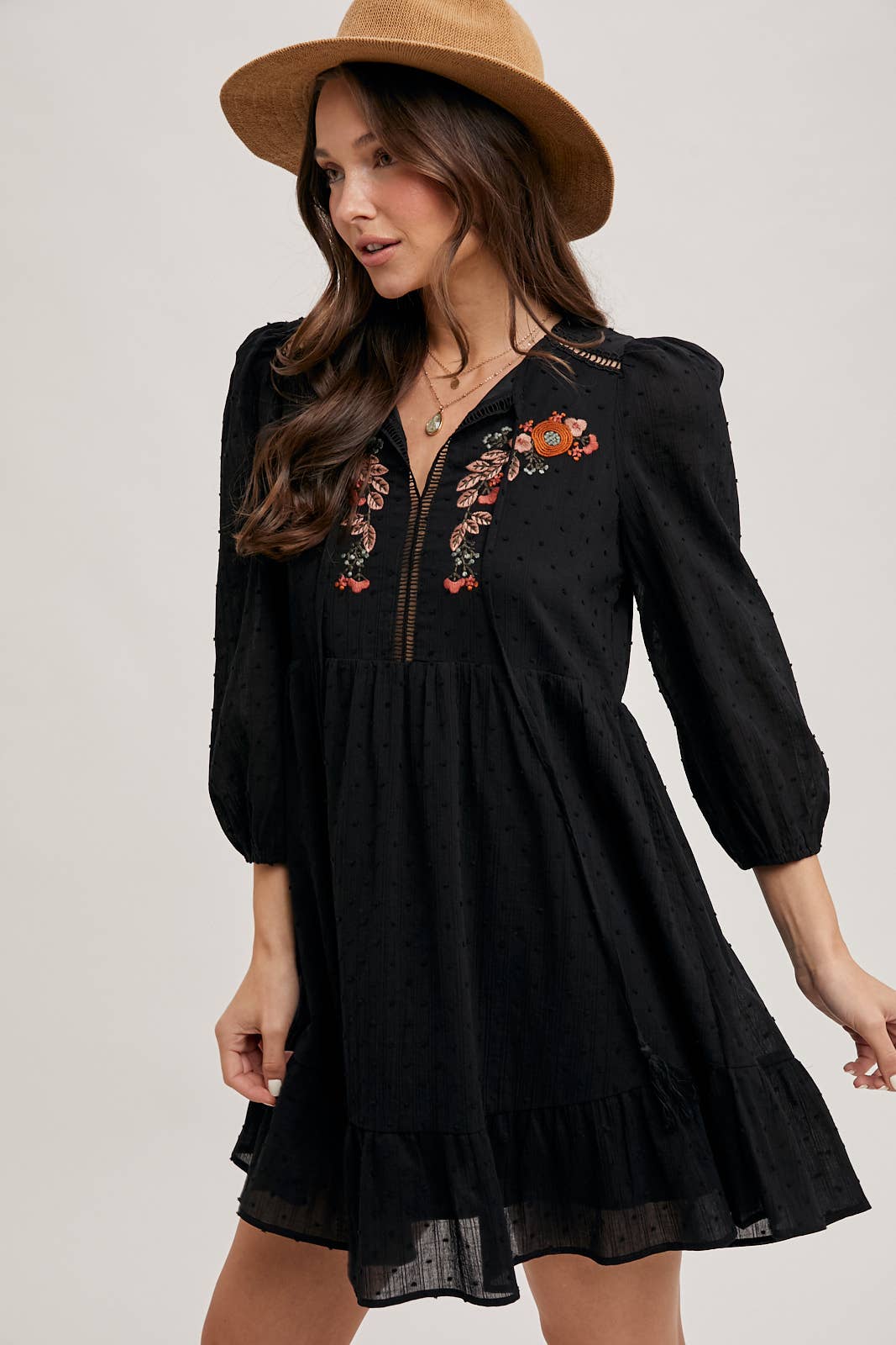 LAINEY EMBROIDERED RUFFLED BABY DOLL DRESS