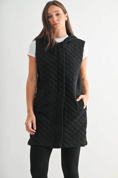 Black Longline Quilted Cotton Blend Vest